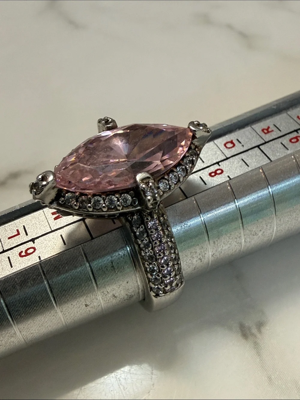 Silver ring with marquise cut pink CZs, size 7